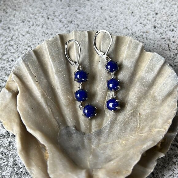 NWT Karis Lapis Lazuli Triple Stone Dangle Earrings Pure Brass Platinum - Picture 1 of 3
